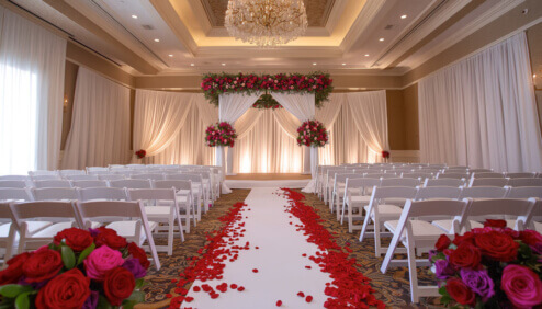 White Pipe and Drape Wedding --- Hotel Ballroom Interior