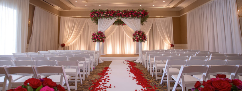 White Pipe and Drape Wedding --- Hotel Ballroom Interior