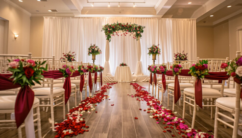 White Pipe and Drape Wedding --- Red-Sash Chairs